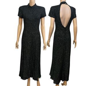 90s VTG Niki By Niki Livas Glitter Maxi Dress Medium Open Back Prom Party Disco
